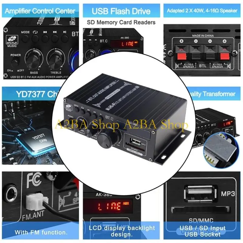 

A2BA Multiple Input 400W Stereoes Sound Amplifiers Bluetooth-compatible 5.0 FM Radio USB Playbacks Remote Controls 12V 5A Power