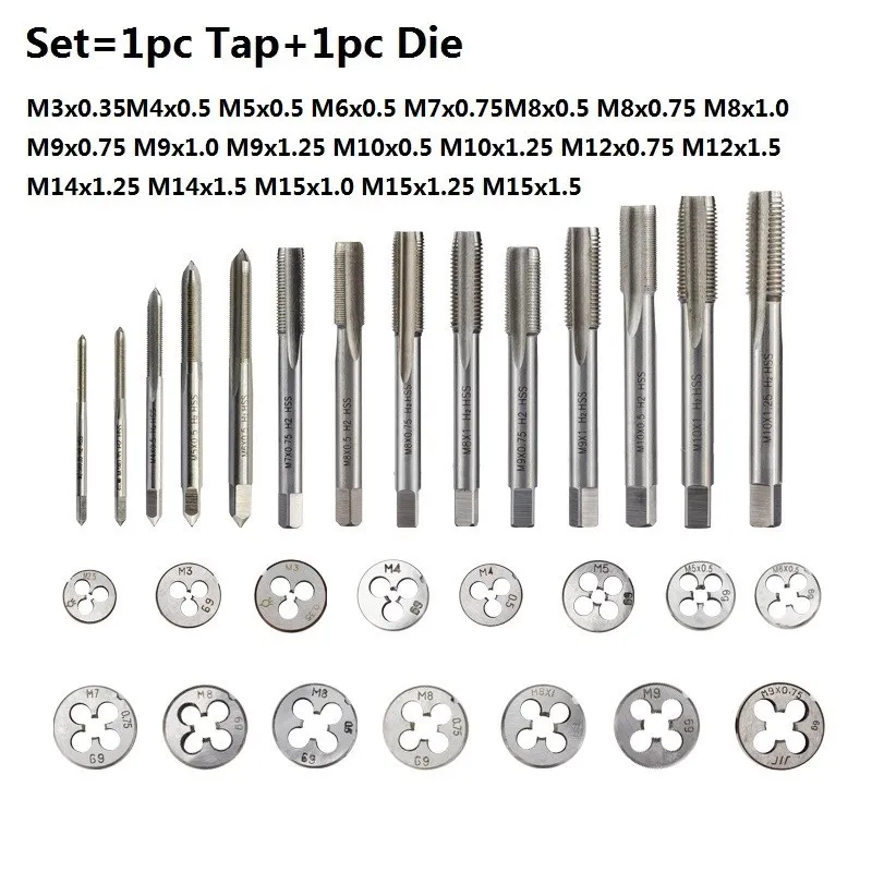 1 Set Right Hand Tap and Die Set M1-M15 Metal Thread Tools Machine Plug Tap Metric Screw Tap Drill