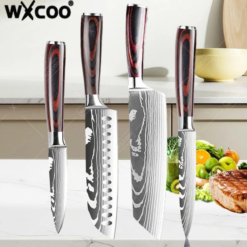 WXCOO Professionelle Damaskus Küchenmesser Japanisches Santoku Kochmesser Edelstahl Ausbeinmesser Fleischbeil Schneidemesser