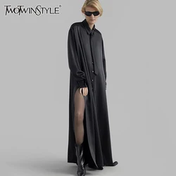 TWOTWINSTYLE Solid Minimalist Loose Dresses For Women Lapel Long Sleeve High Waist Split Elegant Chic Long Dress Female Fashion