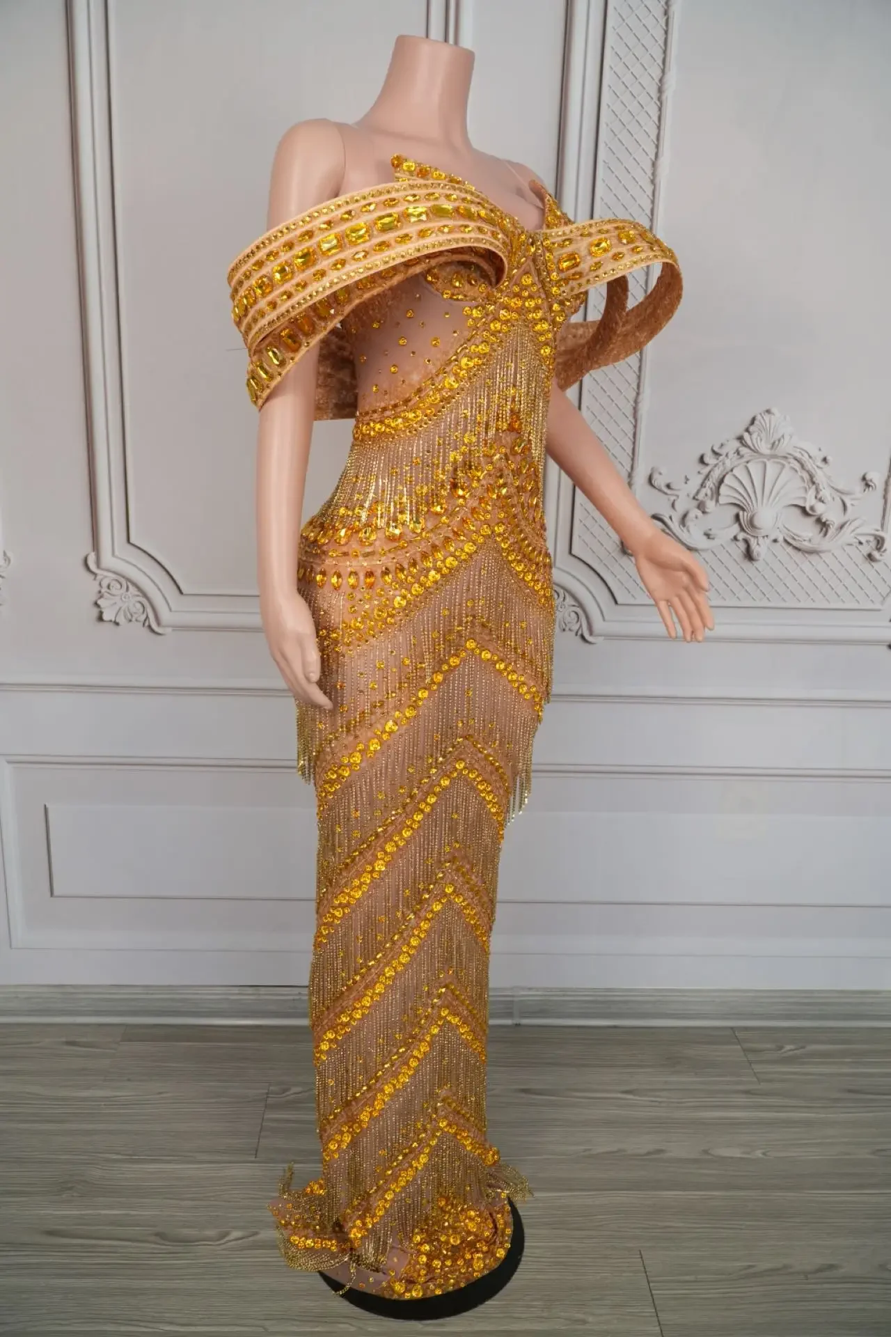 Glitter Gold Evening Dress Sexy Rhinestone Party Off Shoulder Chain Long Dress Gogo Clubwear Singer Stage Photoshoot Costume