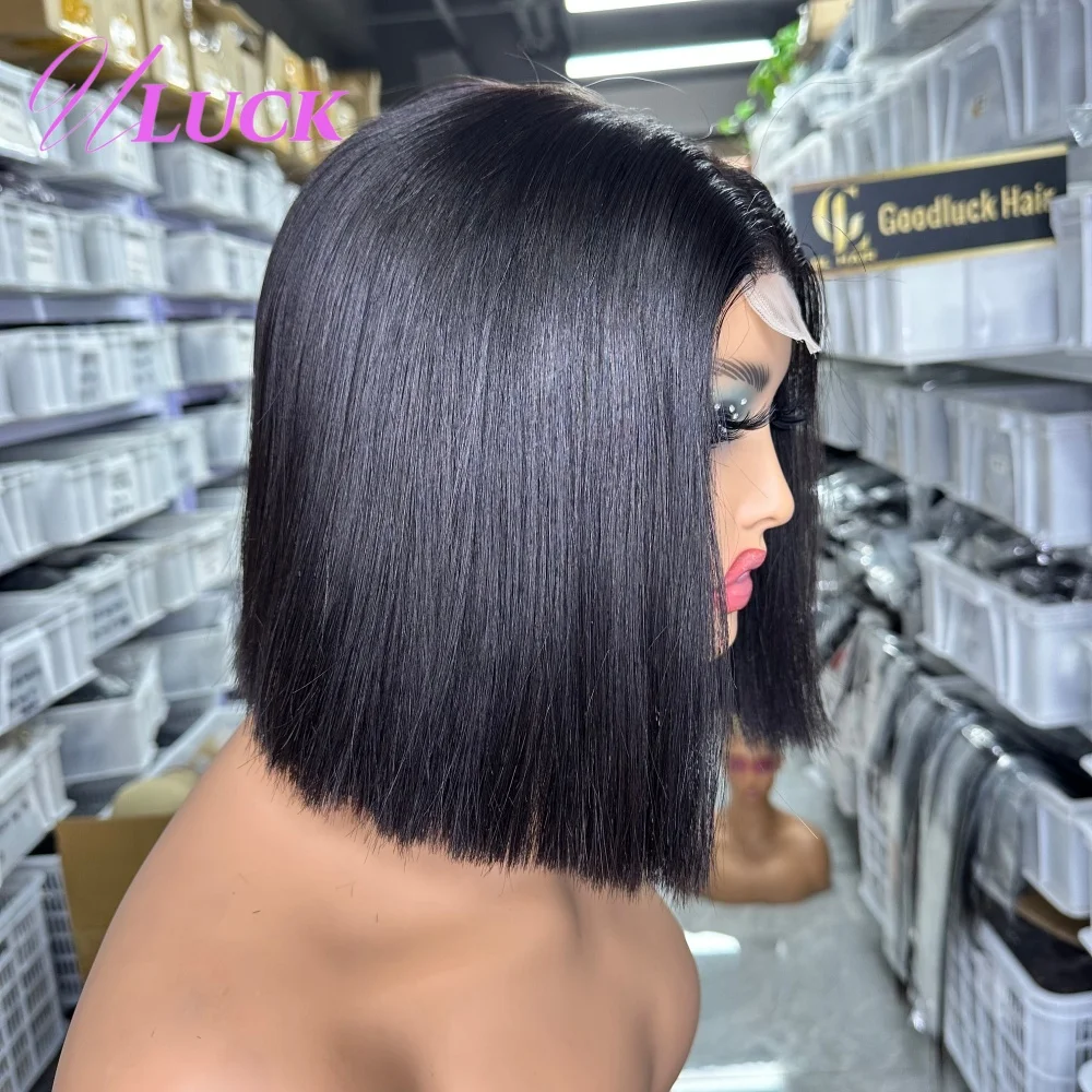 Uluck Parrucche Bob corte diritte con osso doppio disegnato Parrucche brasiliane di capelli umani reali 300% Densità 2x6 Parrucche frontali in pizzo Pronto da indossare