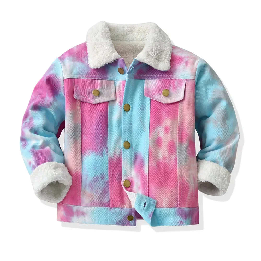 Children's Korean Version Colorful Denim Jacket with Imitation Lamb Velvet Autumn and Winter Warm Boys and Girls' Fine Hair Coat