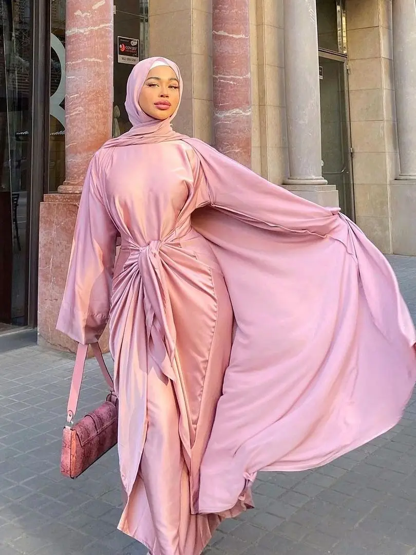 Ins Fashion Djellaba Muslim Sets 2 Piece Silky Muslim Suits Elegant Long Islamic Women Modest Wear Clothing Satin EID Sets WY935