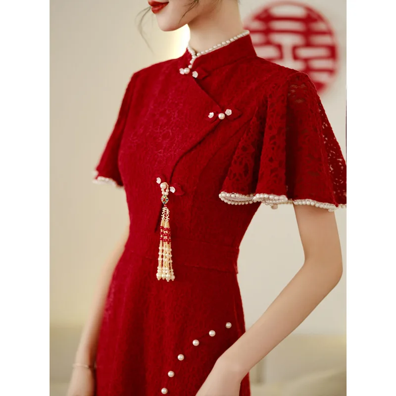 Vestidos Chinese Traditional Cheongsam Dress Woman Wedding Bride Dresses Everning Party Long Qipao Wine Red Compere Formal Skirt