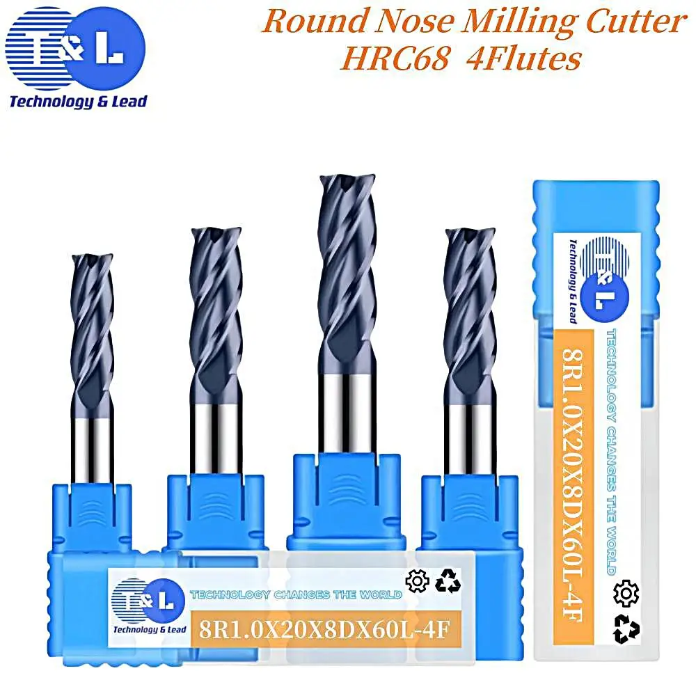 T&L HRC68 4-Flute Tungsten Steel Hard Alloy Nano Coating Round Nose Milling Cutter CNC Mechanical Milling Cutters Tools