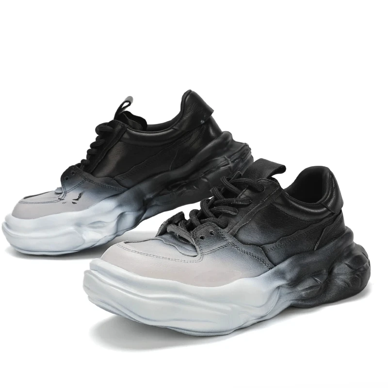 Thick-soled Dad's Sneakers with Black White Color Block Distressed Sporty Casual Shoes for Men's Genuine Leather Trendy Footwear