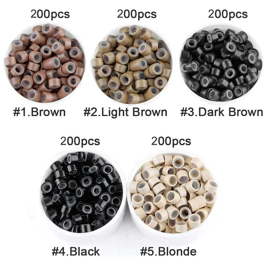 1000 micro anillos de silicona para extensiones de cabello, set de 5 colores, 200 de cada uno, herramienta para plumas 3