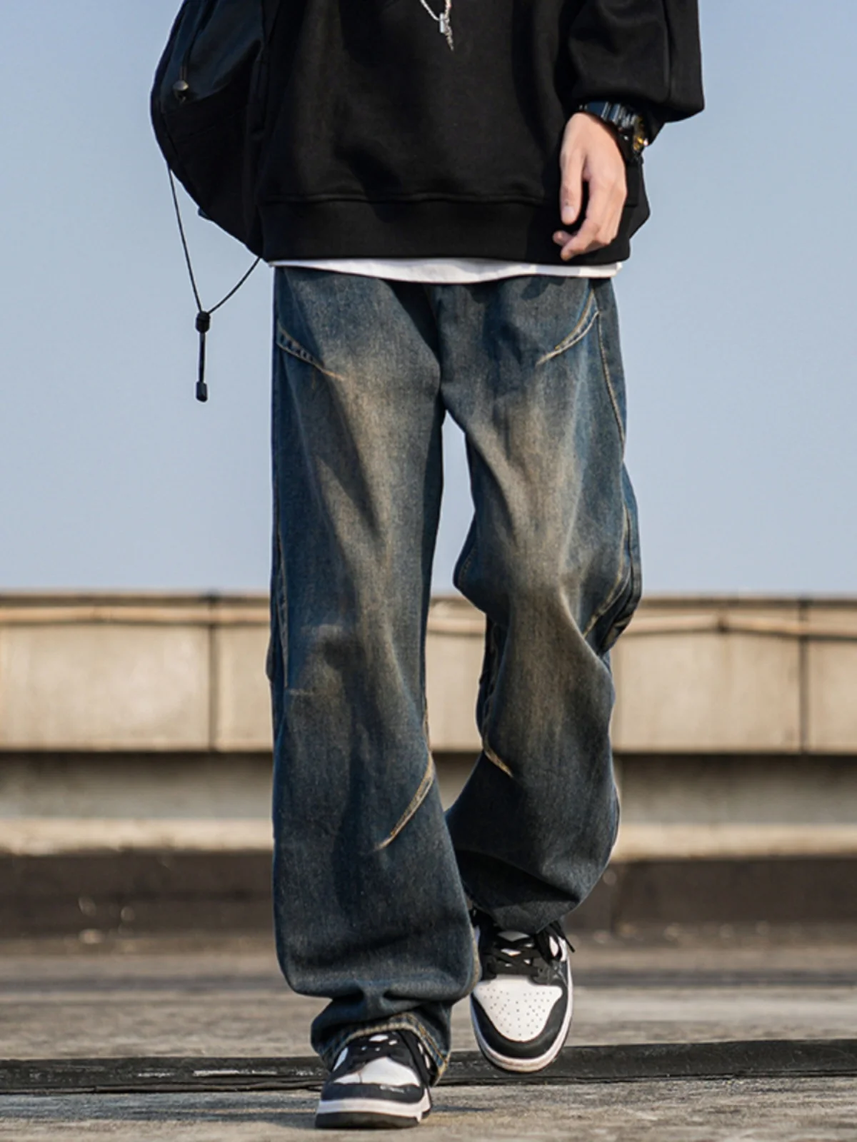 

Мужские джинсы в стиле ретро, синие, с подкладкой, прямые, широкие, с легким расклешением, рабочие брюки для осени и зимы, уличный стиль