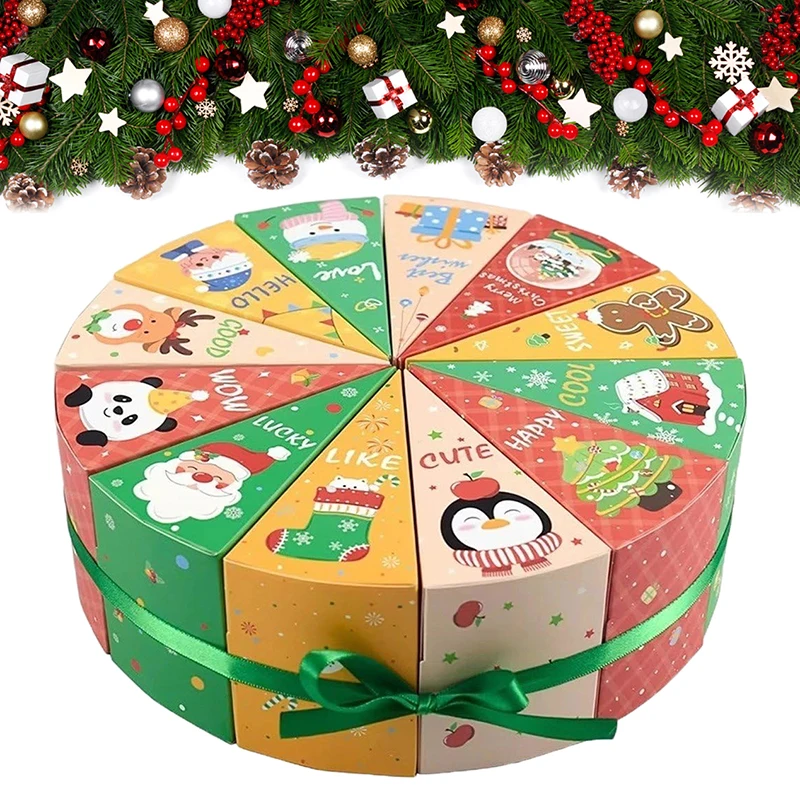 Christmas Advent Calendar Gift Boxes Round Christmas advent calendar with colourful numbered gift boxes featuring Santa, reindeer, penguin and festive designs