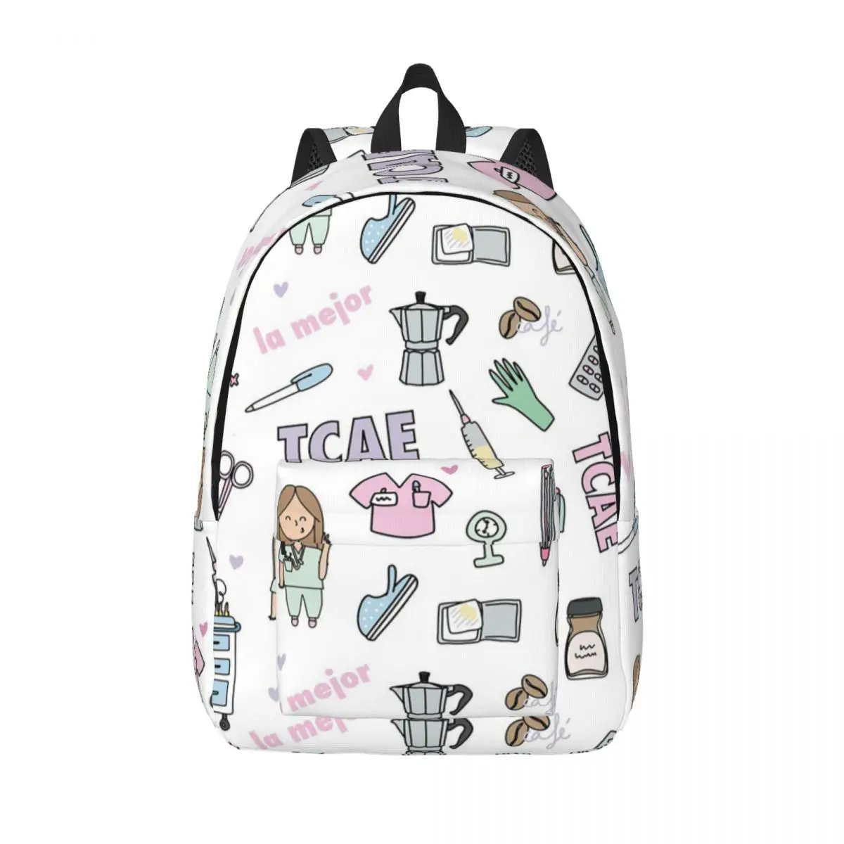 Cartoon Doctor Nurse Enfermera En Apuros Canvas Backpack for Women Men School College Student Bookbag Fits 15 Inch Laptop Bags