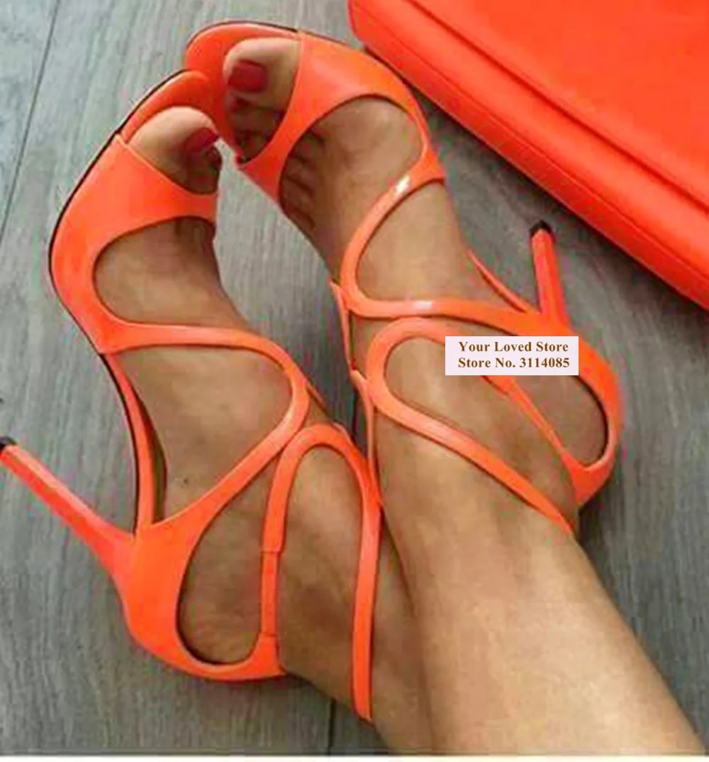 Celebrity Hot Selling Thin Strappy Gladiator Sandals Stiletto Heels Orange Nude Gold Cage Dress Shoes Covered Heel Wedding Pumps