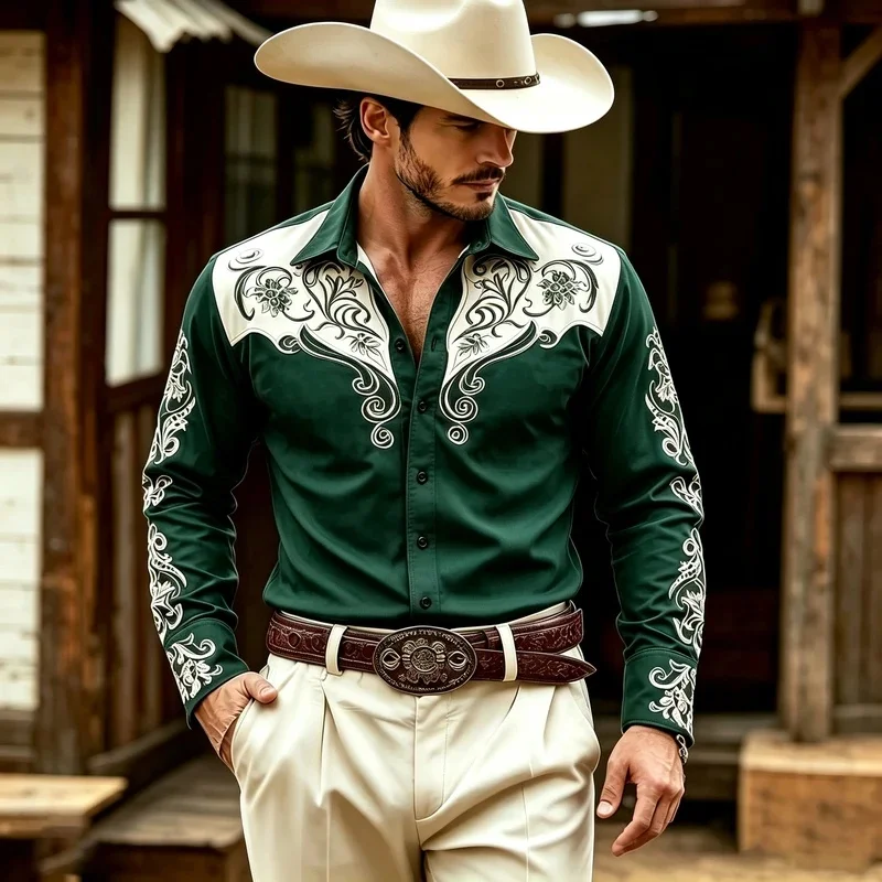 Men's Western Cowboy Print Long-Sleeve Shirt  White Vine Floral Print Collared Shirt  American Retro Western Style Top