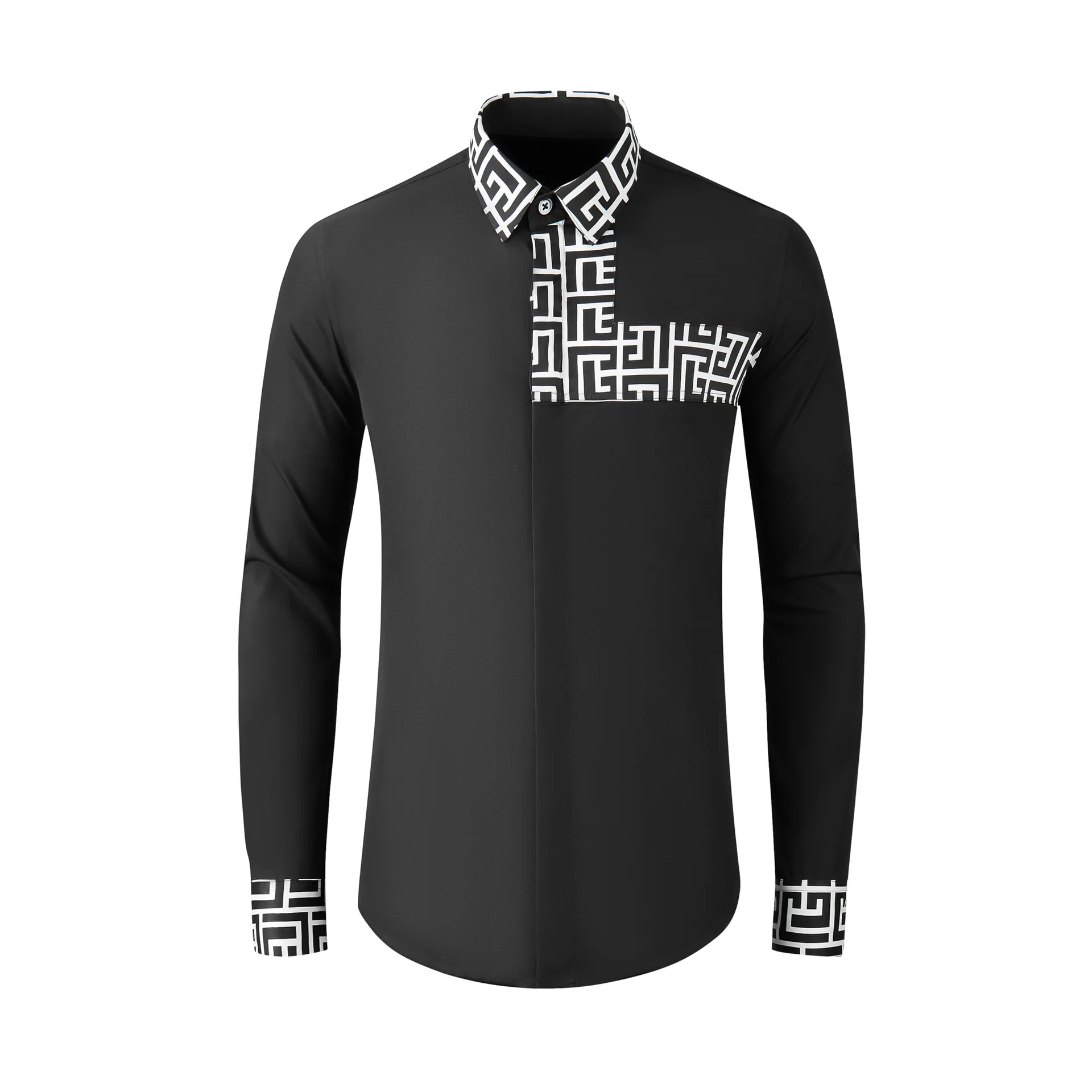 Long sleeved front panel splicing with contrasting color fitting men's shirt, personalized celebrity style men's clothing