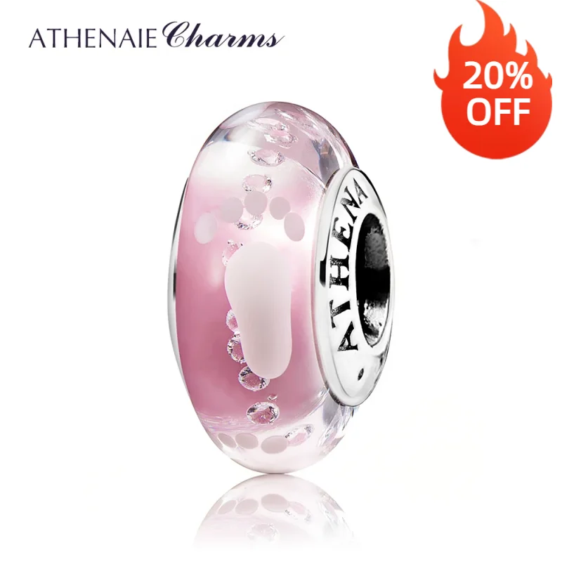 ATHENAIE New 925 Sterling Silver Baby Footprint Beads Pink Murano Glass Bead fit Charms Bracelets & Necklaces Women Jewelry