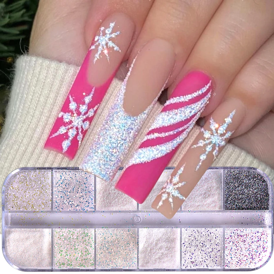 12 Grids Shiny White Sugar Nails Glitter Powder Holographic Snow Candy Pigment Winter New Year Sweater Yarn Dust Manicure Decor