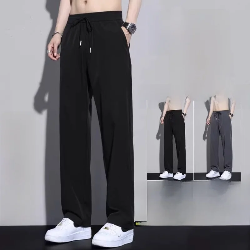 

Men's Casual Ice Silk Loose Fit Summer Qui Dry Work Pants Straight Leg Elastic Waist Casual Trousers Comfortable Air Condit...