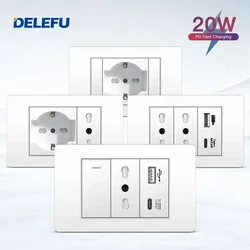 DELEFU White Retardant PC Italy USB TypeC Fast Charging Wall Socket Schuko Tuya Wifi Smart Switch Sat TV Tel Doorbell Chile