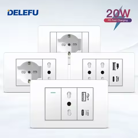 DELEFU White Retardant PC Italy USB TypeC Fast Charging Wall Socket Schuko Tuya Wifi Smart Switch Sat TV Tel Doorbell Chile