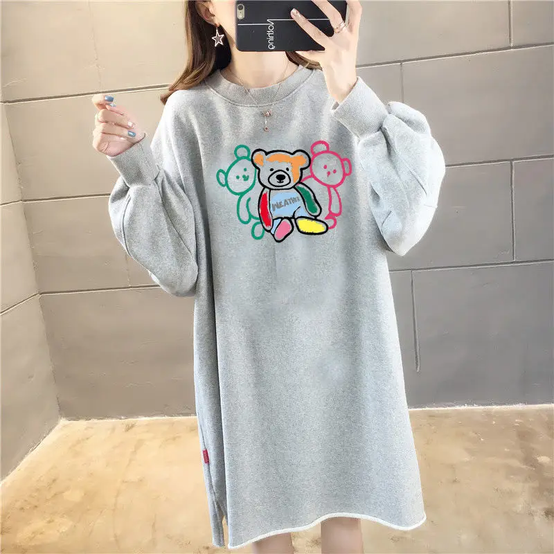 Female Casual Korean Printing O-neck Long Sleeve Midi Dress Autumn Simplicity Loose Pullover Tshirt Dress Thick Women Clothing