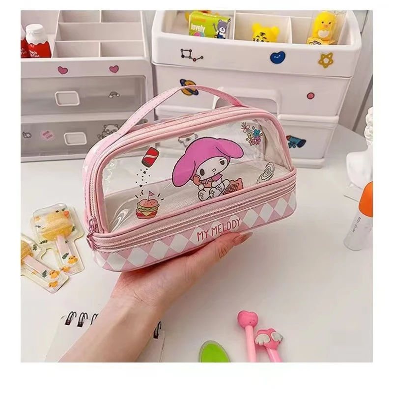 Sanrio Hello Kitty Portable Pencil Pouch Cute Cartoon Anime Cinnamoroll Kuromi Large Transparent Cosmetic Bag Holiday Gifts