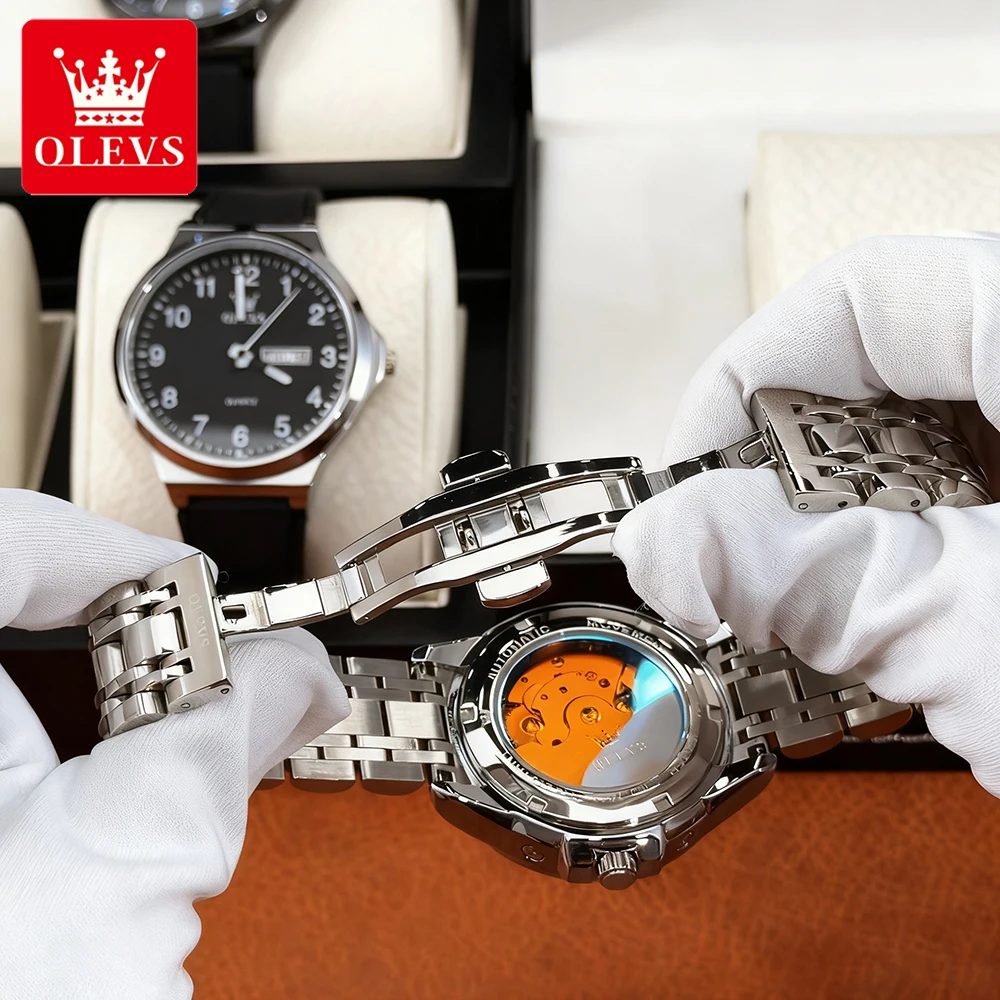 OLEVS Top Brand Men's Watches Trend Fashion Fine Steel Original Automatic Mechanical Wristwatch Moon Phase Calendar Luminous New