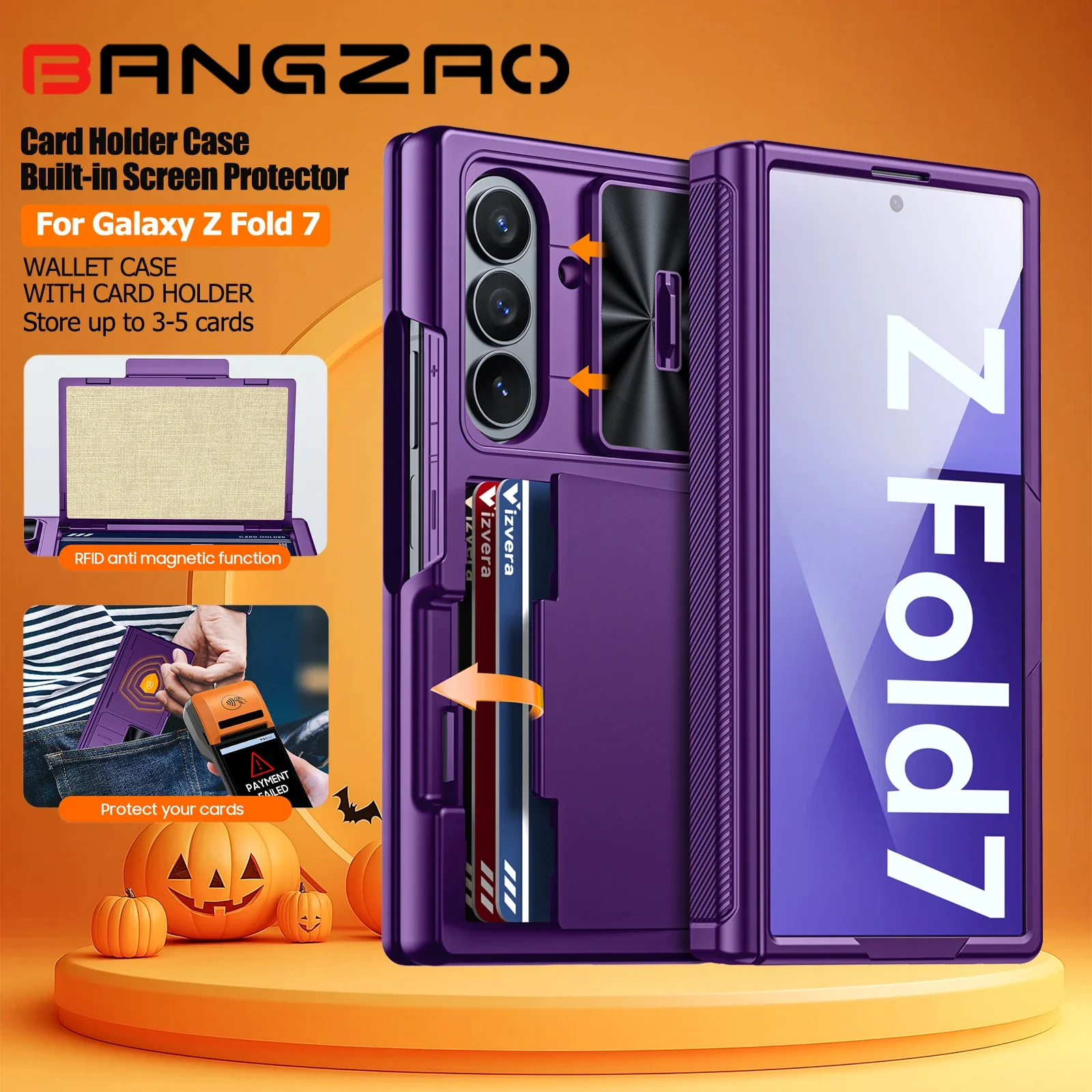 

Подарки на Хэллоуин для Galaxy Fold 7, RFID-кошелек с держателем для карт, шарнирной крышкой, крышкой для камеры, противоударным силиконовым чехлом для телефона - фиолетовый