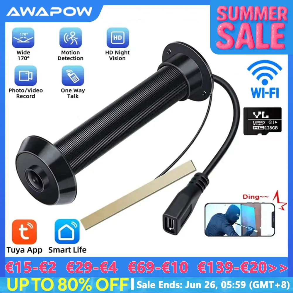 Дверной глазок Awapow Tuya 1700. °   Широкоугольный видеодомофон 2,4G/5G Wi-Fi Мини-камера ночного видения 1080P Обнаружение движения НОВЫЙ