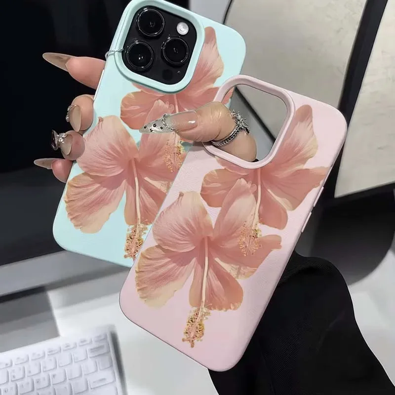 Funda Elegante con Diseño de Hibisco Rosa para iPhone 16 Pro Max 15 14 13 12 11 16 15 14 Plus, Protectora Anti-Caídas