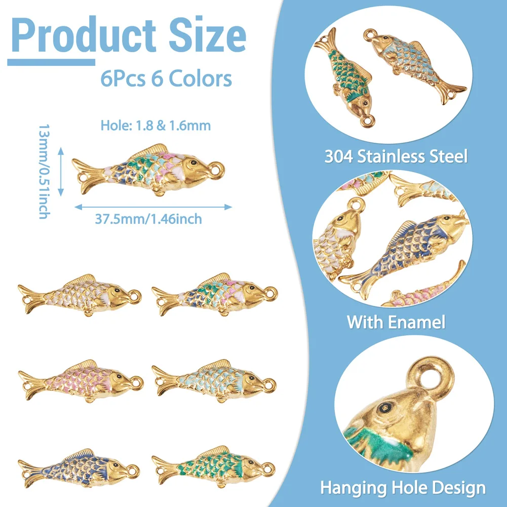 6Pcs 304 Stainless Steel Ocean Jewelry Charms Enamel Fish Connector Charms For DIY Necklace Making Findings view 3