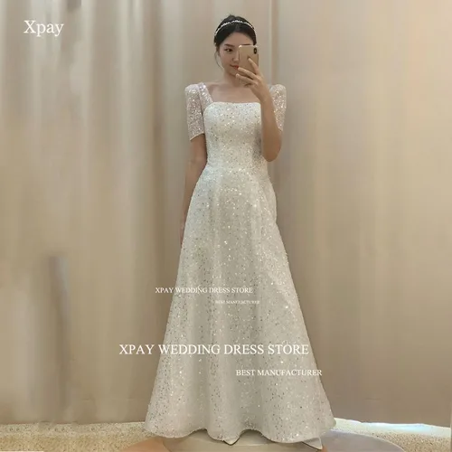 XPAY 스퀘어 넥 반짝이는 웨딩 드레스, 한국 사진 촬영, A라인 반팔, 신부 원피스 코르셋, 백리스 샤이니 신부 가운