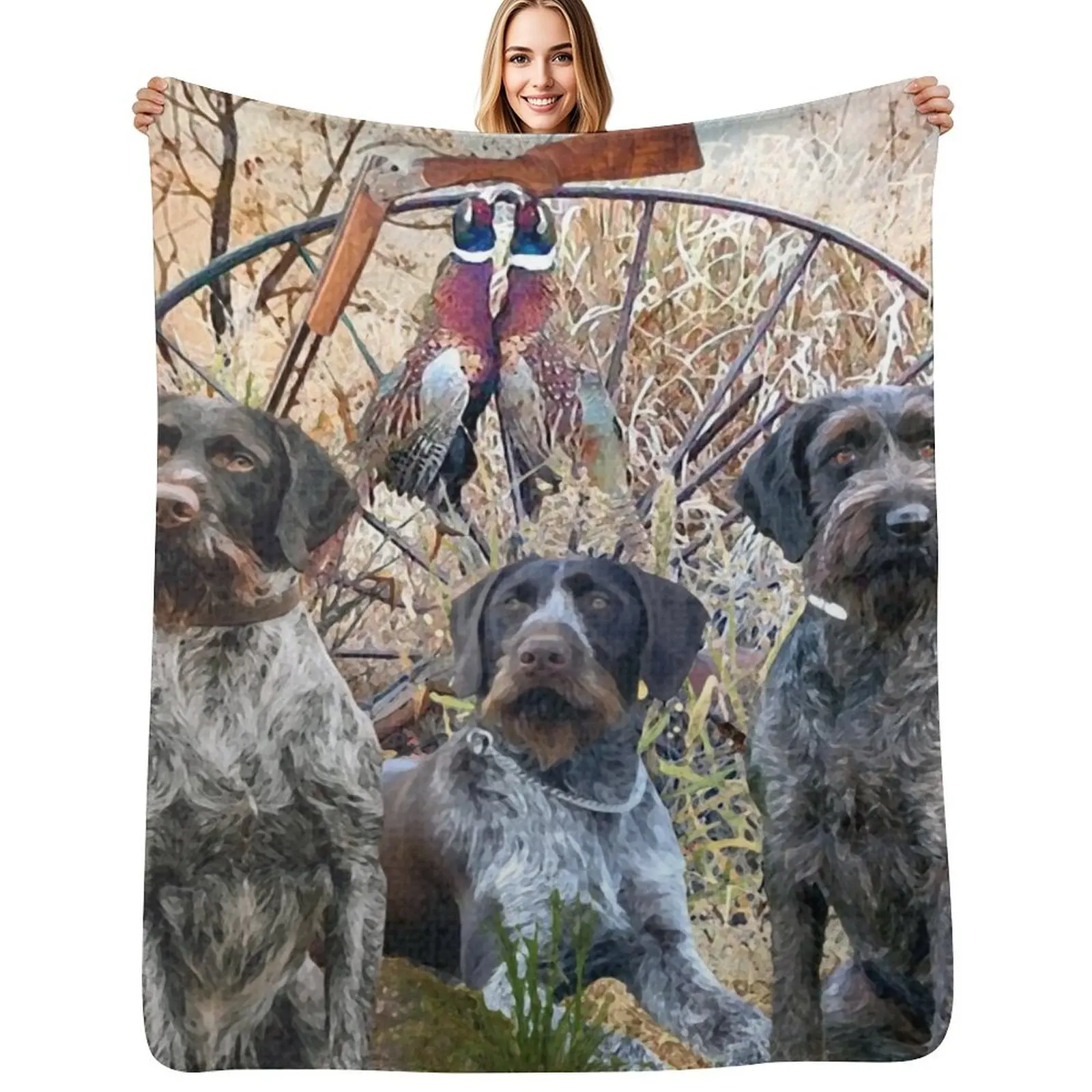 German Wirehaired Pointers with pheasants (GWP) Throw Blanket sofa bed christmas gifts Plaid Weighted halloween Blankets
