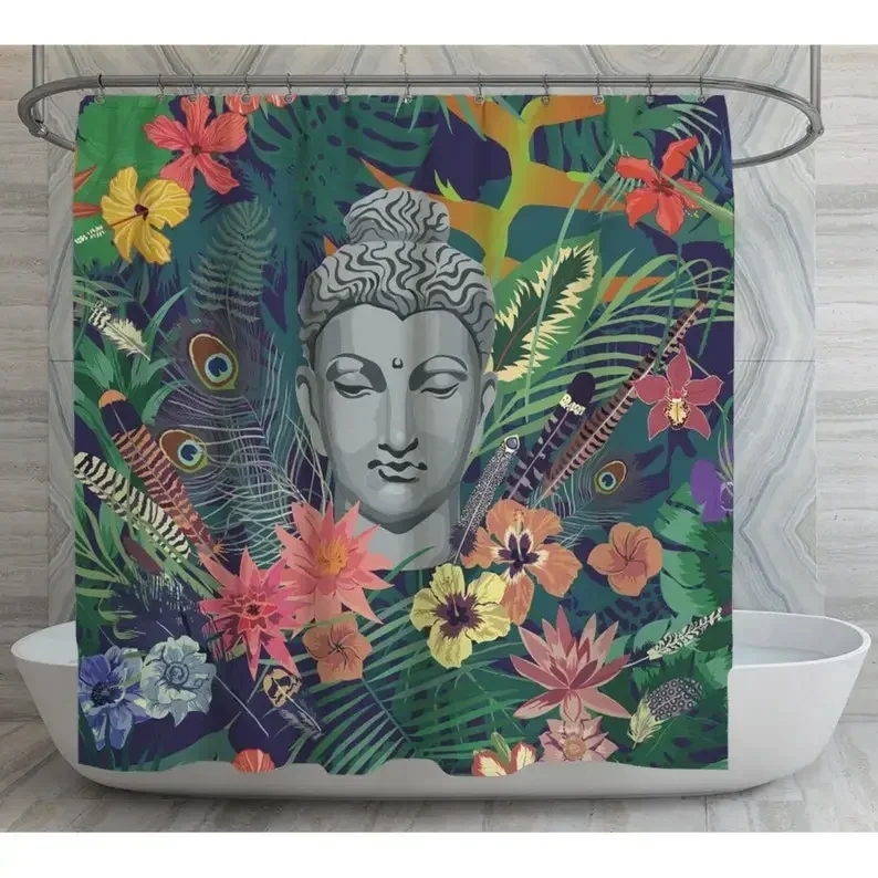 Buddha By Ho Me Lili Shower Curtains With Flowers Green Pink And Grey Tropical Leaf  Waterproof Fabric Home Decor