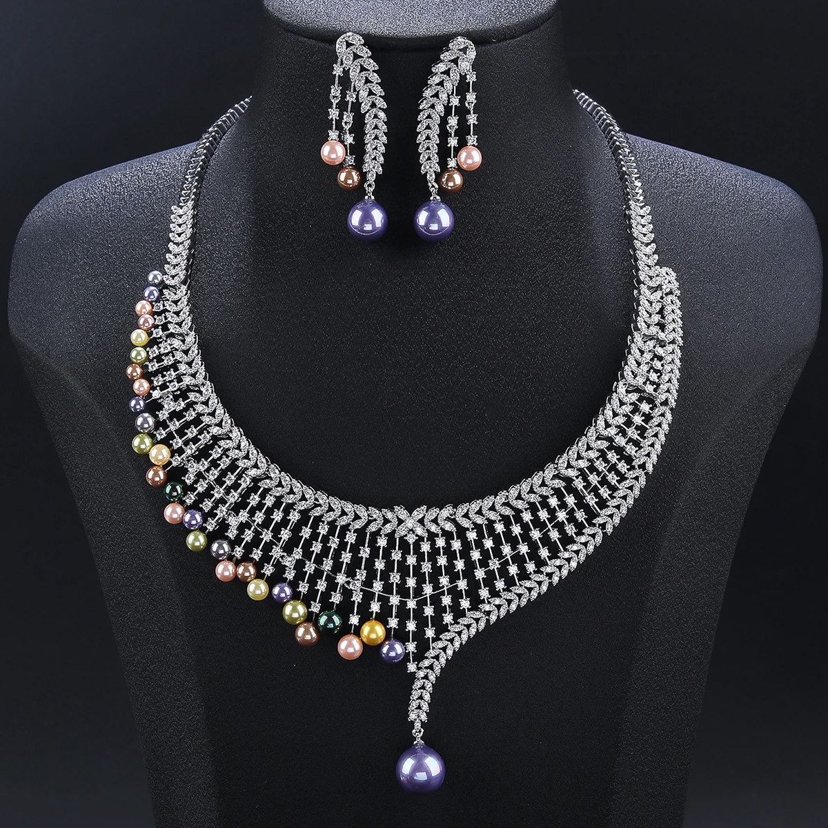 Luxury Cubic Zirconia Colors Pearl  Necklace Earrings Jewelry Sets Luxury Bridal Wedding Accessories CN11469