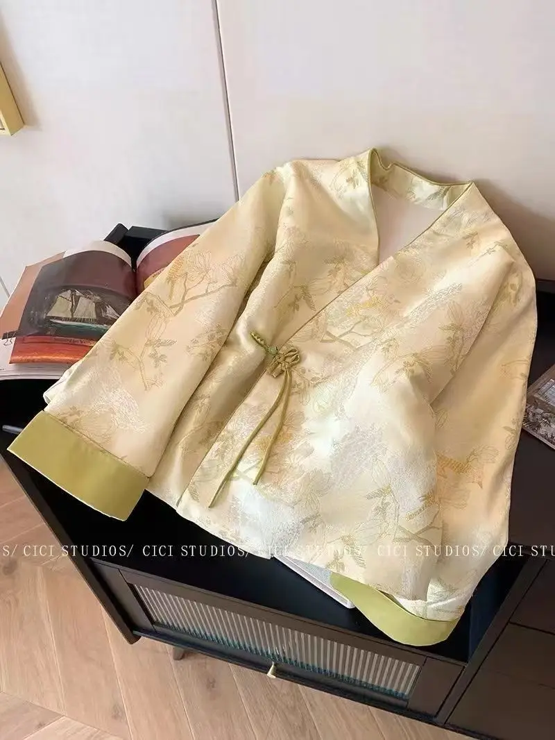 

Складной веер, пион, жаккардовые куртки на нерегулярных пуговицах для женщин, элегантный Cheongsam с v-образным вырезом и длинными рукавами, топ в китайском стиле