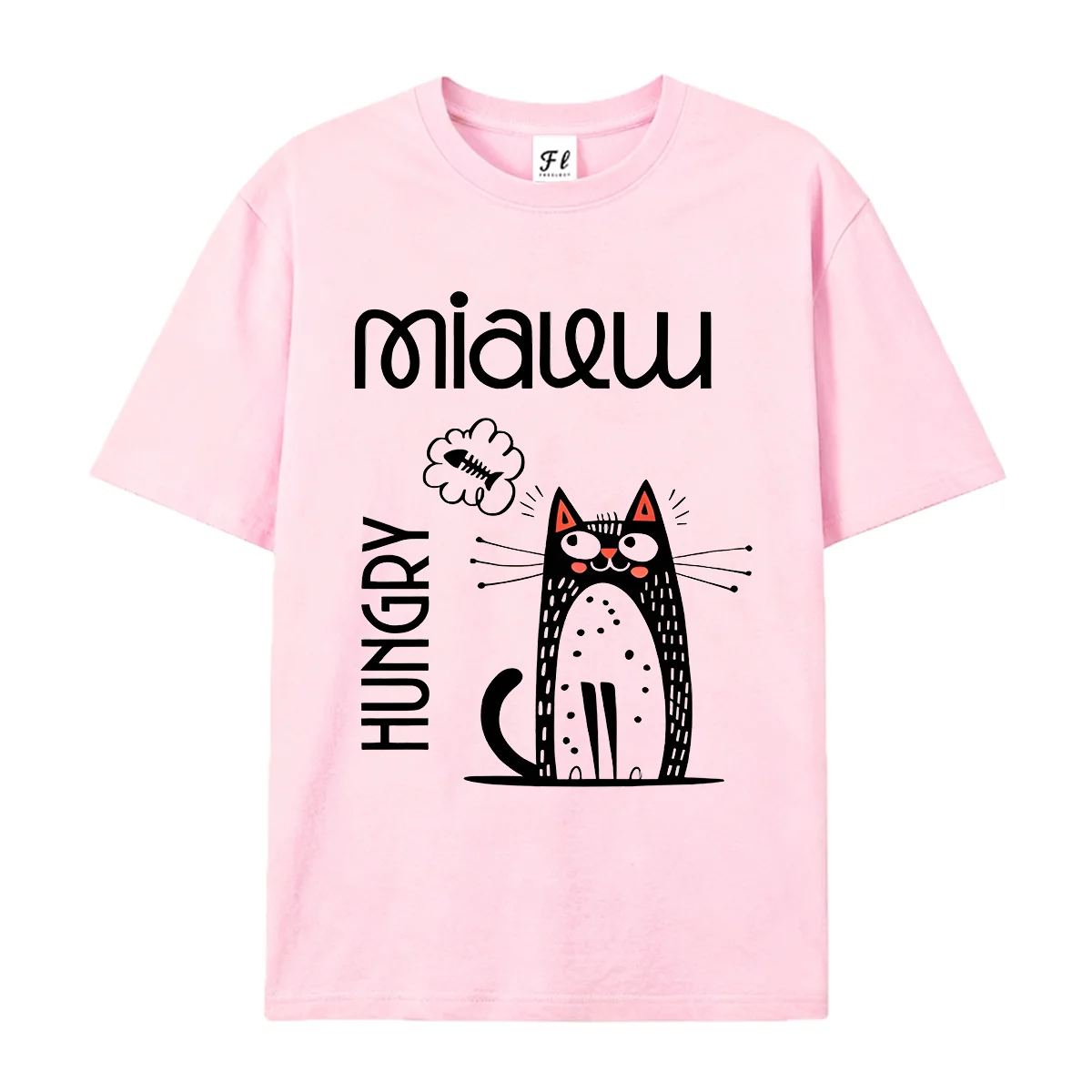 Miaew Hungry Cartoon Cat Graphic T‑Shirt Funny Doodle Kitten Fish Bone Thought Bubble Print Short Sleeve Top for Women Wear