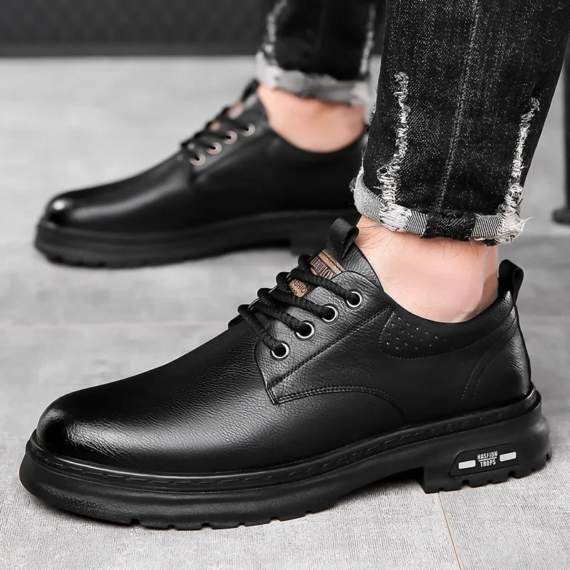 Men Leather Shoes Spring British Thick Soled Casual Derby Shoes Men Formal Wear Wedding Workwear Low Top Martin Boots