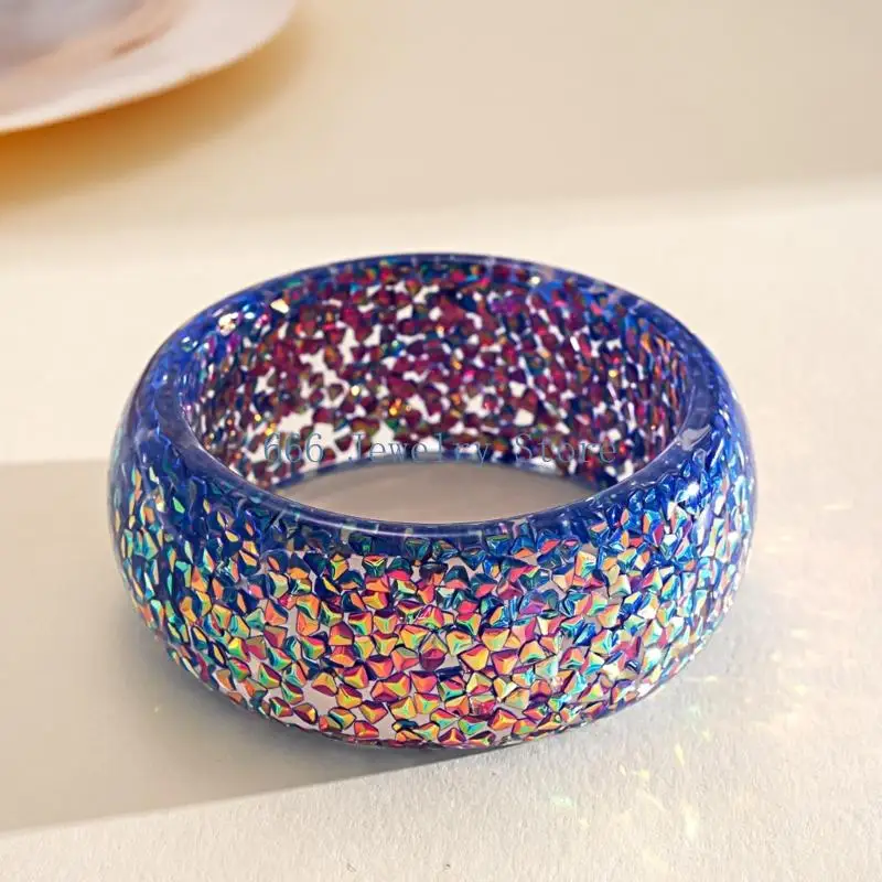 F2TD Clear Resin Bracelet with Embedded Chip Detail, Wide Rigid Bangle Form and Rounded Edges for Everyday Styling