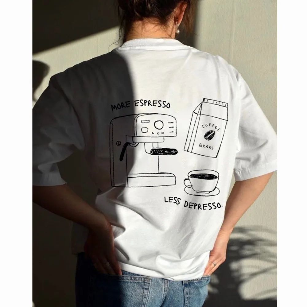 More Espresso Less Depresso T-Shirt Summer Aesthetic Coffee Lover Graphic Tees Unisex White Short Sleeve Loose Cotton T Shirts