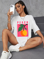 Peach Fruit Pink Letter Prints T-Shirts Women Cotton Summer Short Sleeve Tees O-Neck Comfortable Loose Tops Casual Woman Clothes