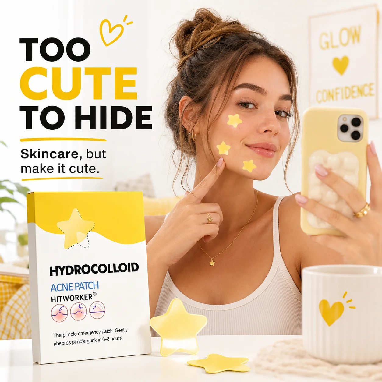 200pcs Hydrocolloid Star Pimple Patches for Face, Yellow Mixed Size Blemish Cover Stickers, Cute Facial Spot Patches
