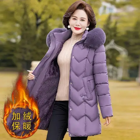 중년 노인 어머니 겨울 파카 긴 후드 플러스 벨벳 패딩 코튼 패딩 자켓 Thicken Women's Coat Parkas