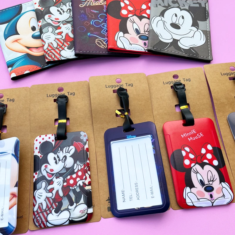 Porta pasaporte y etiquetas de equipaje de Minnie de Disney, funda para pasaporte de viaje, etiqueta de equipaje, tarjetero de identificación