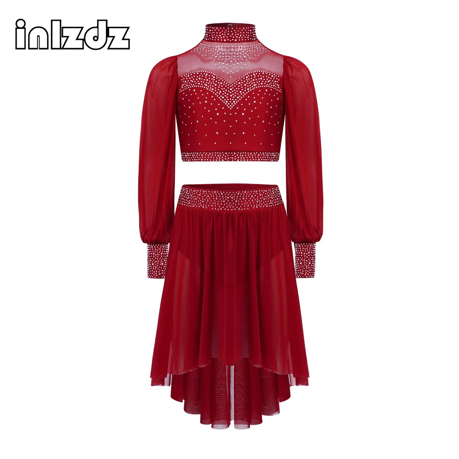 

Kids Girls Shiny Rhinestones Lyrical Dance Outfit Mock Neck Sheer Mesh Long Sleeves Cutout Back Crop Top with Asymmetrical Skirt