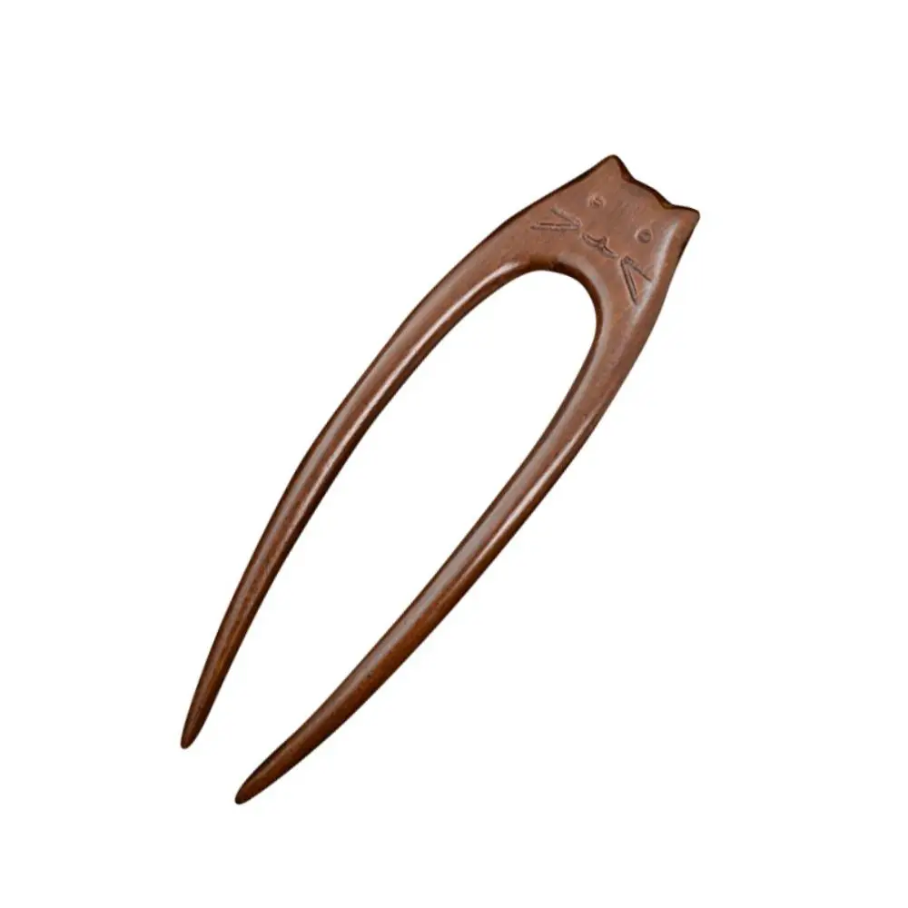 Wooden Cat Pattern Hair Sticks Chinese Style Headwear U Shaped Hair Forks Headpieces Hair Accessories Hanfu Hairpin Women Girls
