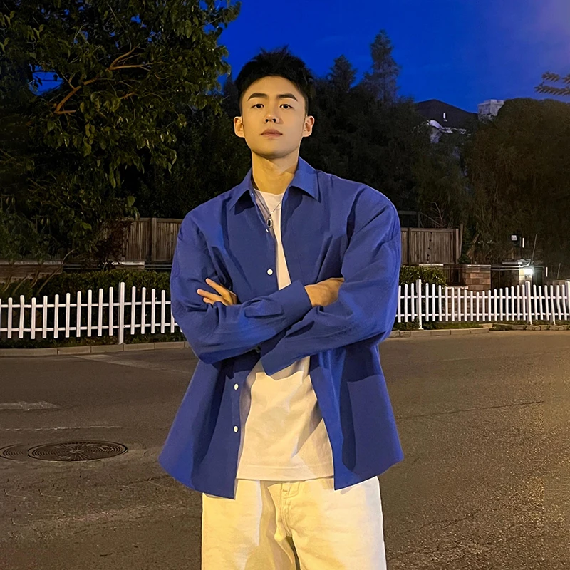 

Klein Blue Long Sve Men's irt Summer Cool Haome High-End Ice Silk Top Cleanfit Outerwear Breathable Youth Faion