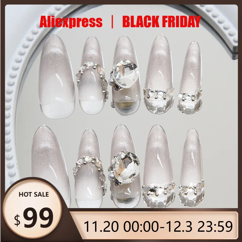 

24pcs False Nails Gentle Ice-clear Moonlight Cat's Eye Sparkling Rhinestone Fashion Press-on Nail Tips Suitable for Girls