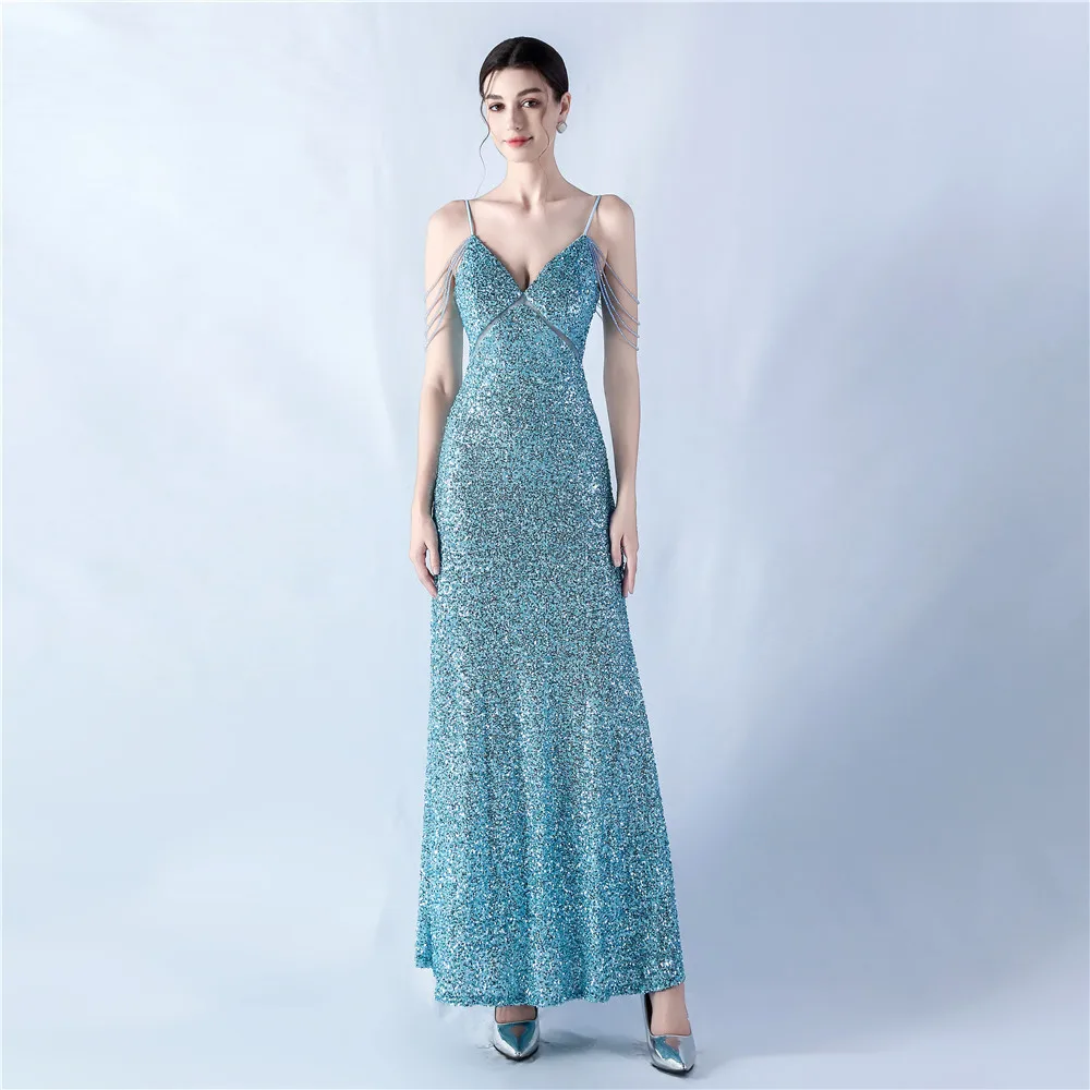 Sladuo Women's Elegant V Neck Sleeveless Tulle Hem A-Line Sequins Maxi Dress Long Mermaid Evening Party Formal Dresses