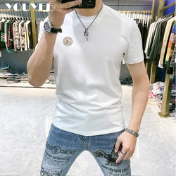 Summer T-shirt Men's Simplicity Embroidery V-Logo White Tees Mercerized Cotton O-Neck Slim Personalized Male Top Clothing M-6XL