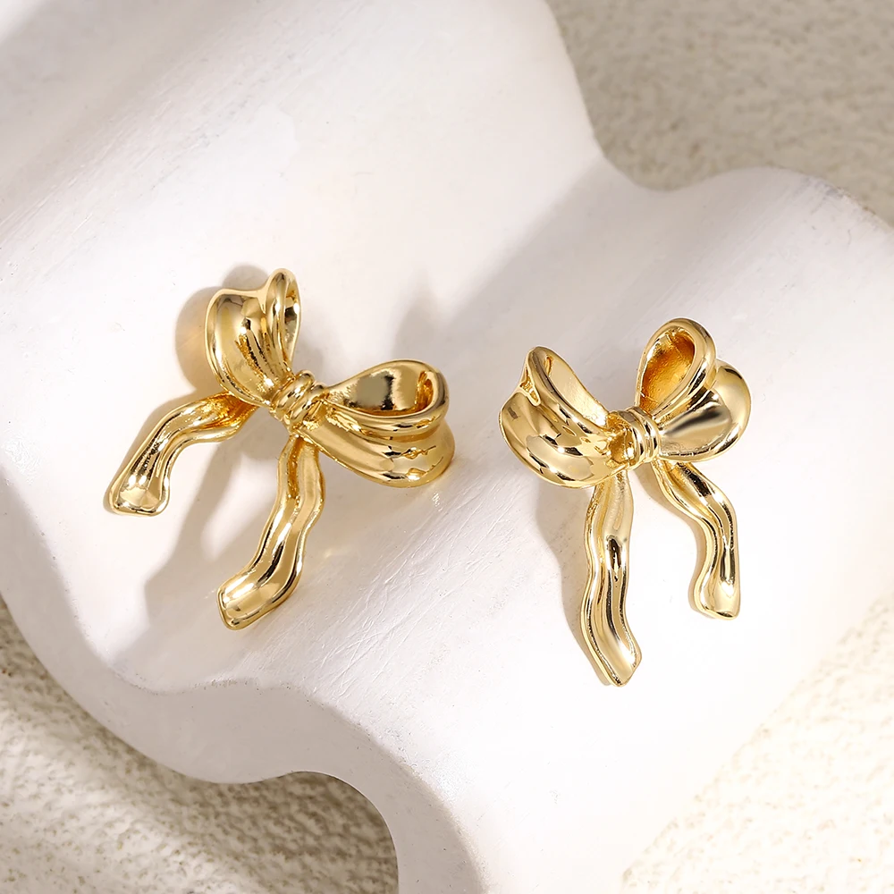 Greatera Trendy Gold Color Stainless Steel Bow Knot Drop Earrings for Women Girls Metal Bowknot Earrings Waterproof Jewelry